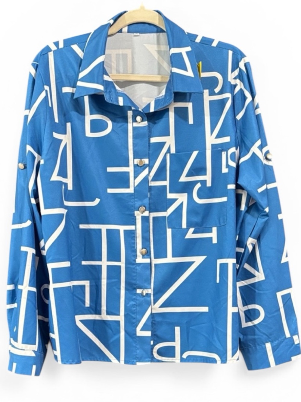 Blue Geometric Print Button Up Blouse Women’s‎ 2XL Roll Tab Sleeve